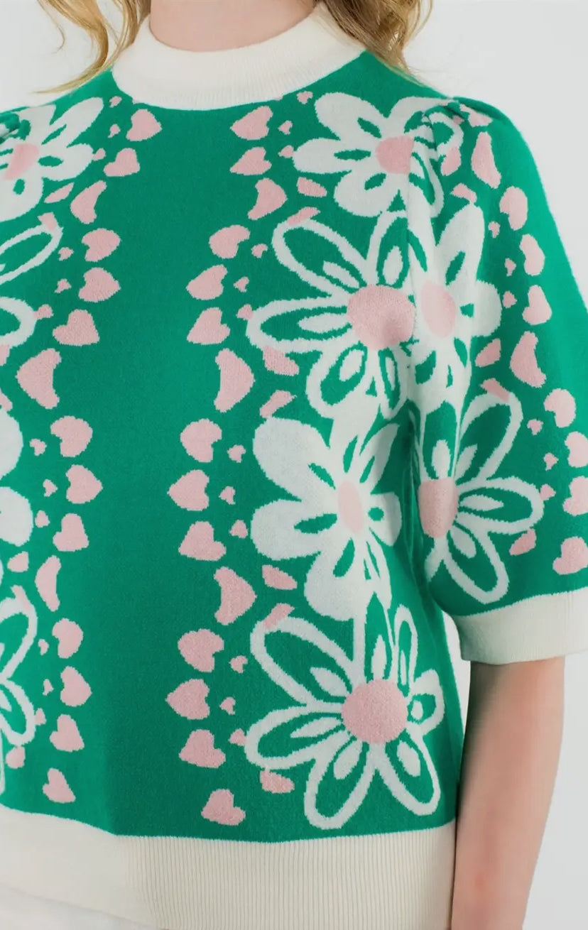 Emerald Flower Knit Sweater Top