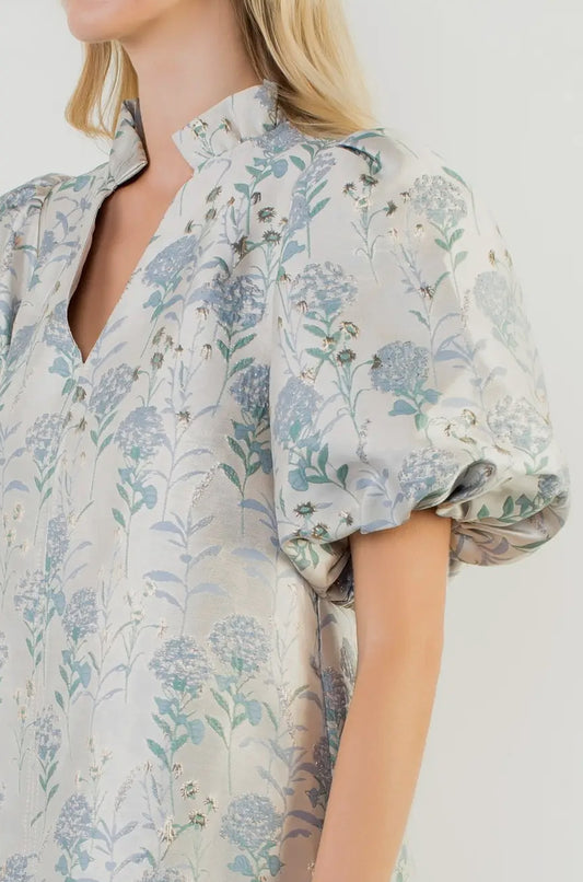 Posie -Puff Sleeve Floral Detail V-Neck Dress