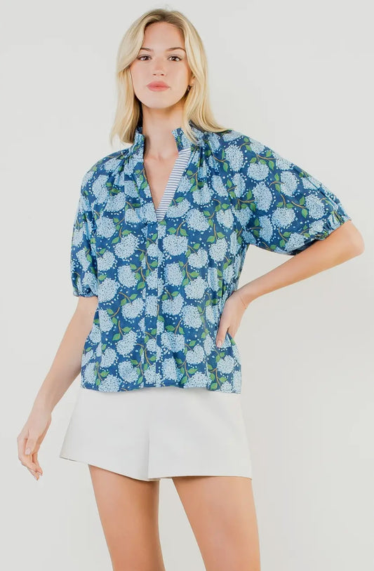 Polly - Navy Puff Sleeve Hydrangea Print Top