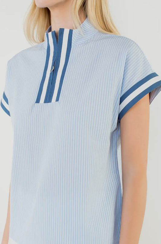 Hallie - Short Sleeve Striped Half Zipper Top