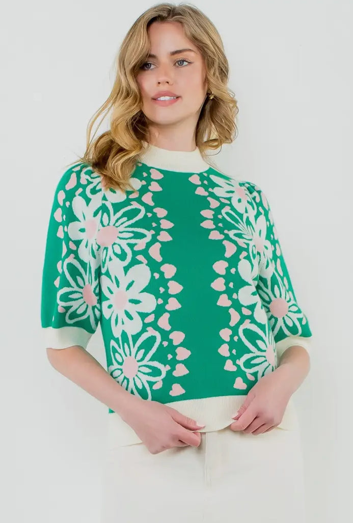 Emerald Flower Knit Sweater Top
