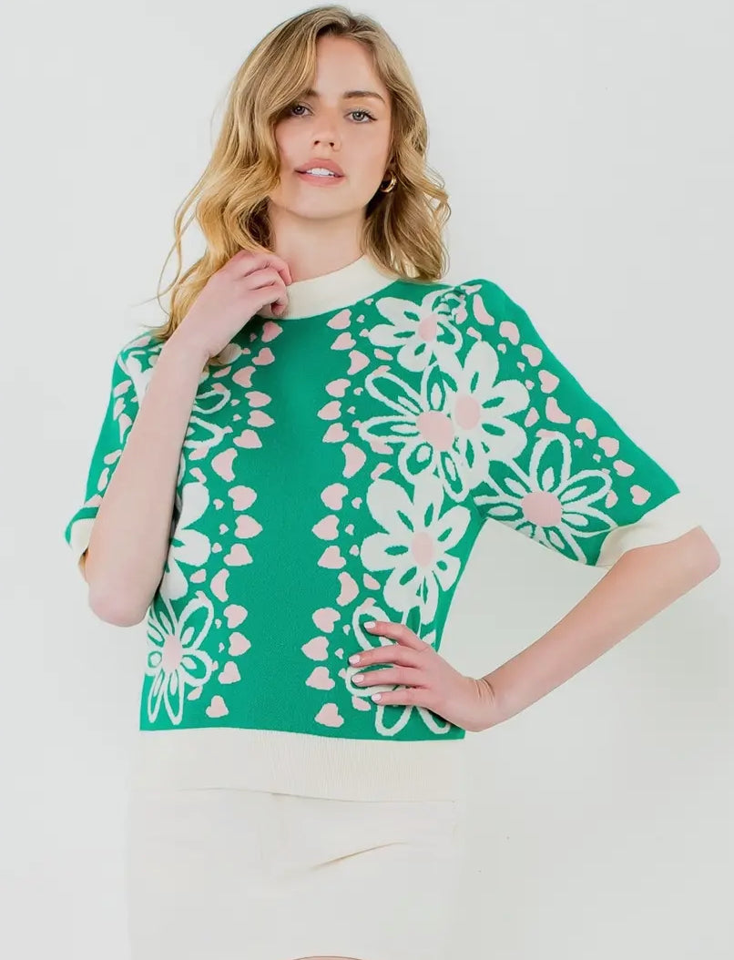Emerald Flower Knit Sweater Top
