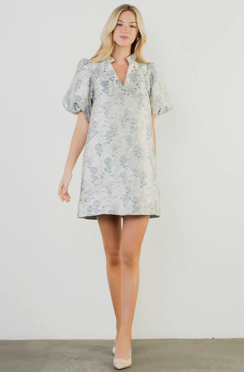 Posie -Puff Sleeve Floral Detail V-Neck Dress