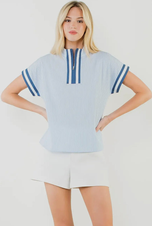 Hallie - Short Sleeve Striped Half Zipper Top