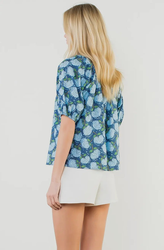 Polly - Navy Puff Sleeve Hydrangea Print Top