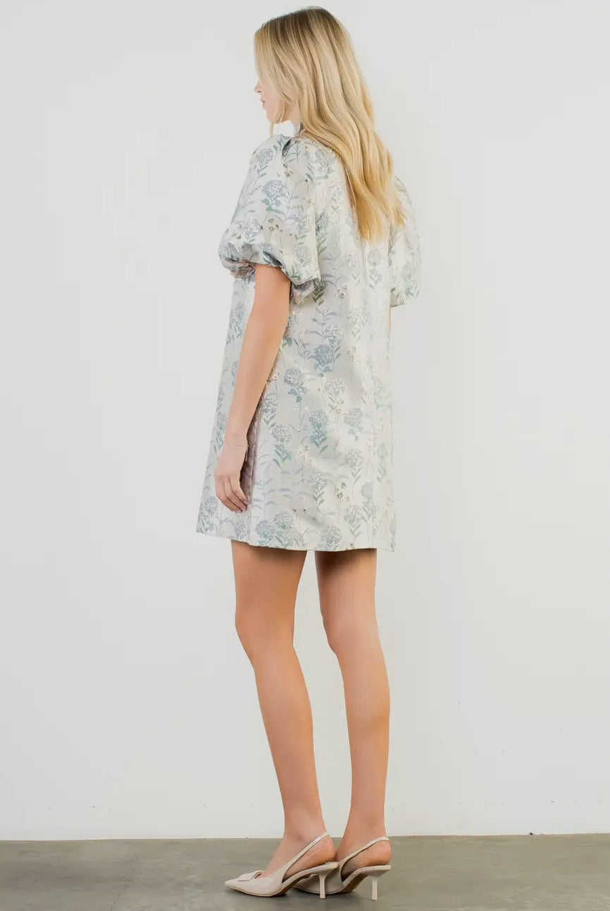 Posie -Puff Sleeve Floral Detail V-Neck Dress
