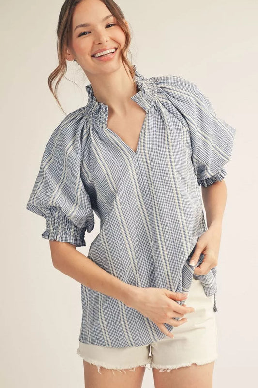 Katherine - Striped Textured Top Blue