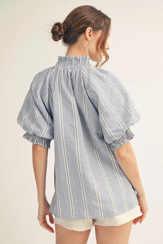 Katherine - Striped Textured Top Blue